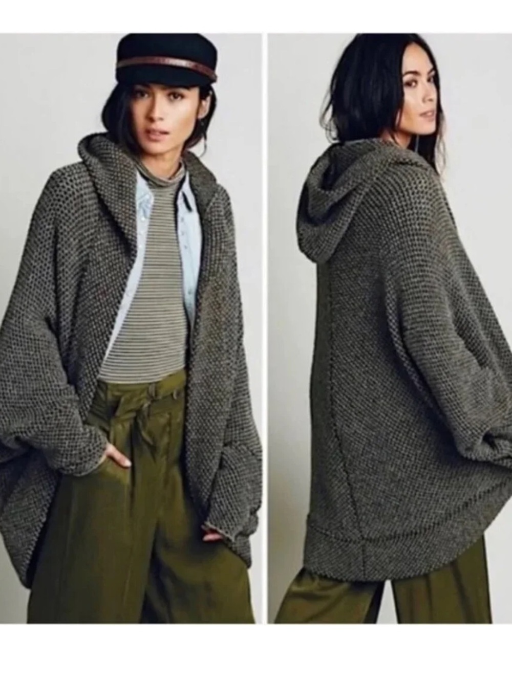 Free People Coco Cocoon Hooded Open Front Cardigan Textured Dark Olive Knit M